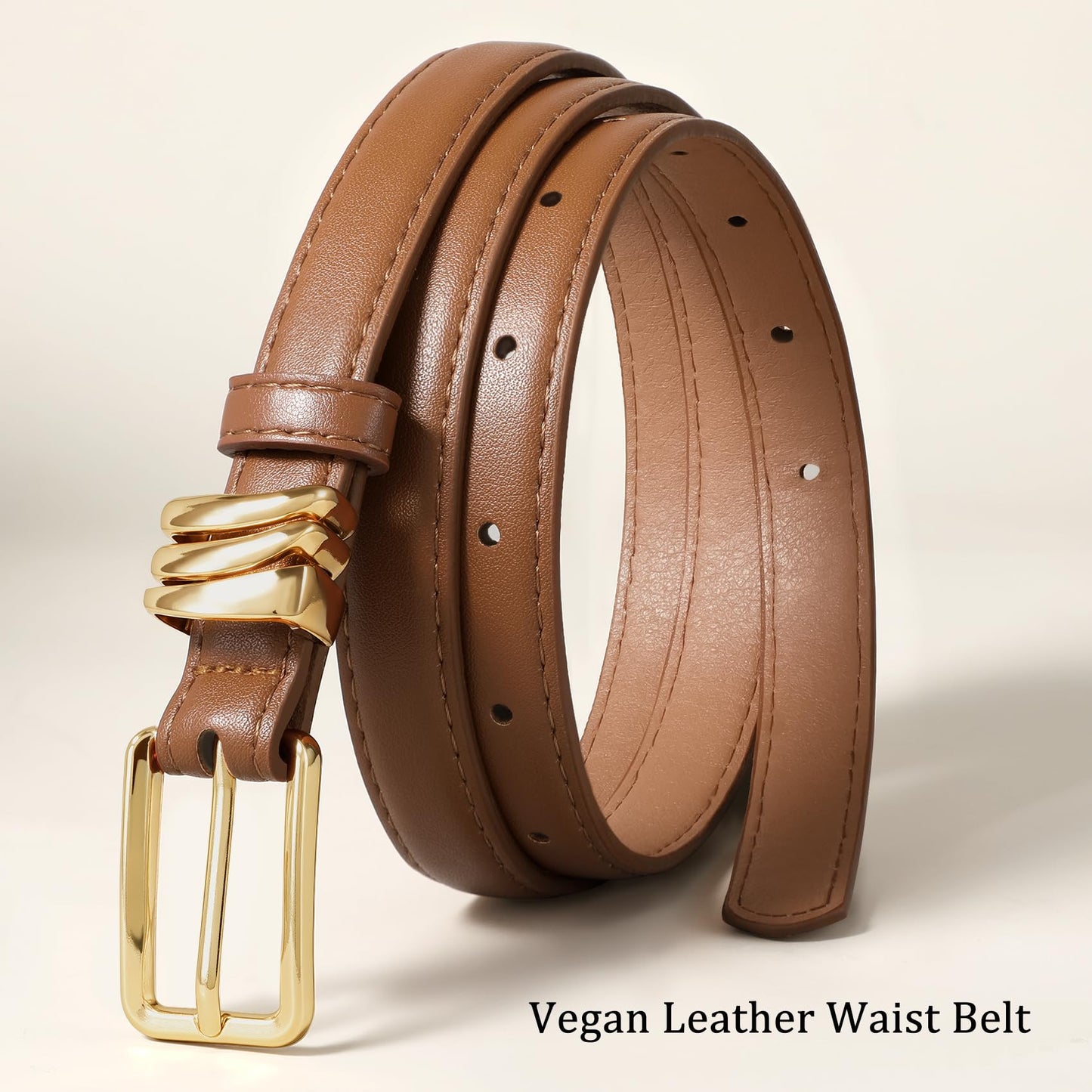 XZQTIVE Women Skinny Leather Belt Ladies Black Thin Waist Belt for Dresses Jeans Pants with Gold Buckle and Metal Loops