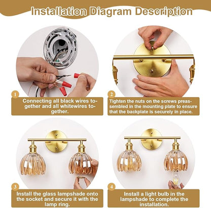 Vintage Bathroom Light Fixtures,2-Light Hardwired Vanity Lights Over Mirror,Gold Wall Sconces with Amber Tulip Glass Shade for Bathroom Living Room,E26 Socket(Bulbs Not Included)