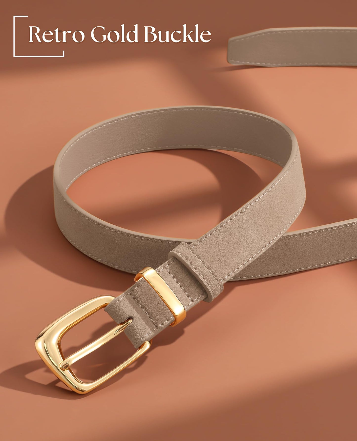 SANSTHS Women Suede Leather Belt for Dresses Jeans Fashion Retro Gold Buckle Ladies Waist Belts,Khaki,S