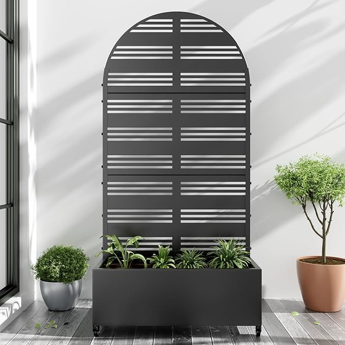 Casaphoria Metal Raised Garden Bed with Trellis and Wheels, 72"x35"x16" Arched Planter Box for Climbing Plants, Vegetables & Vines, Features Drainage Holes and Privacy Screen (Black-Harold)