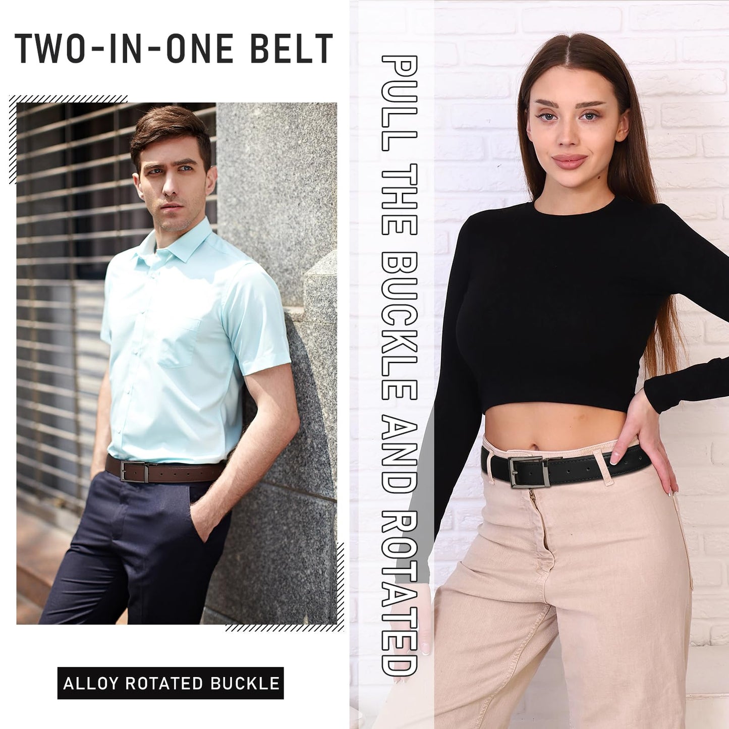 AWAYTR Reversible Leather Belt for Women - Two Color-in-One Belt for Jeans Dress Women Men Belt with Rotated Buckle(Coffee/Black with Gun Color Buckle 25in-31in)