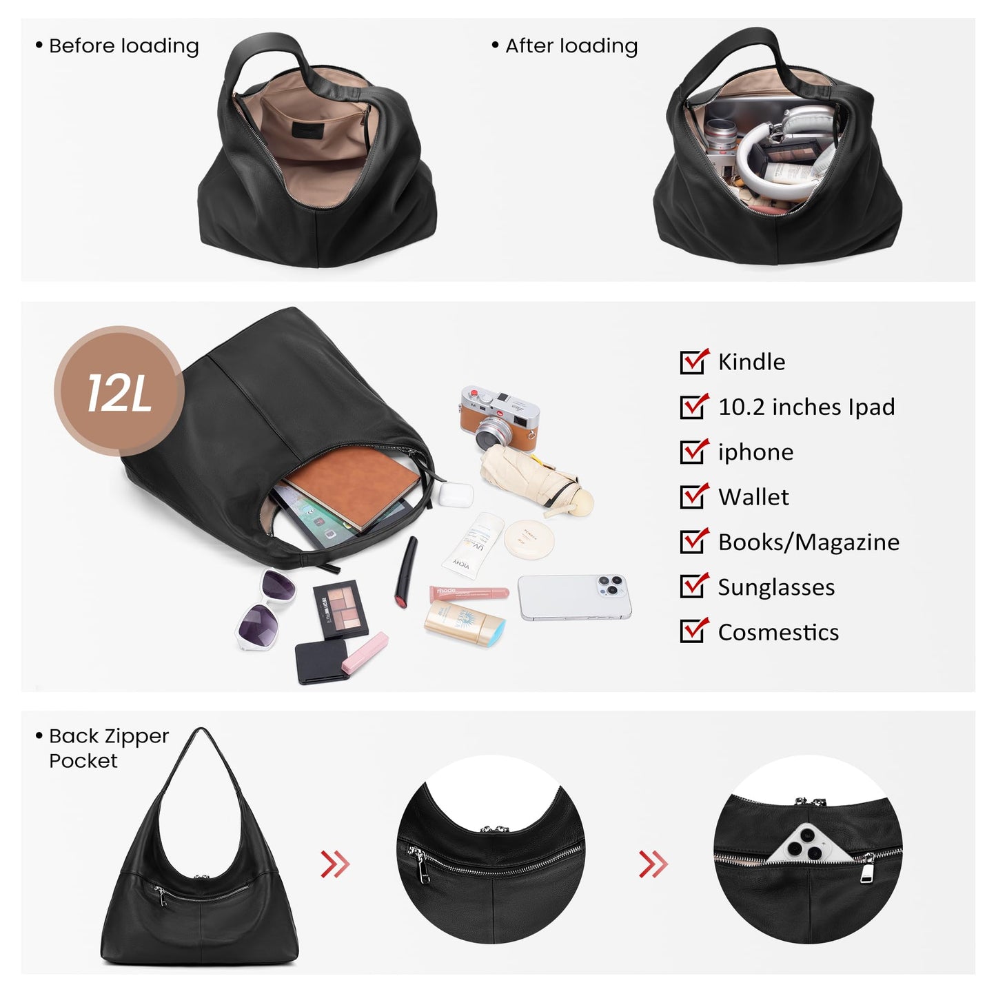 befen Leather Slouchy Hobo Bags for Women, Ultra Soft Full Grain Leather Large Tote Bag,Lightweight Tote Purses Foldable Black Shoulder Handbag, Oversized Hobo Bags for Women Work Travel