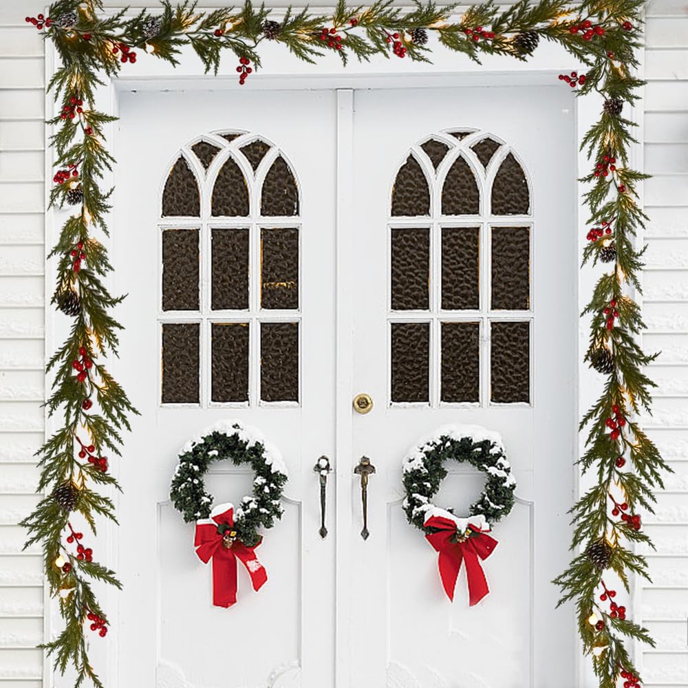 Christmas Garland 12FT 40 LED Bulbs Cypress Pine Garland with Lights Battery Operated with Bells Red Berries Pinecones Green Garlands Decoration for Xmas Holiday Thanksgiving New Year Home Decor
