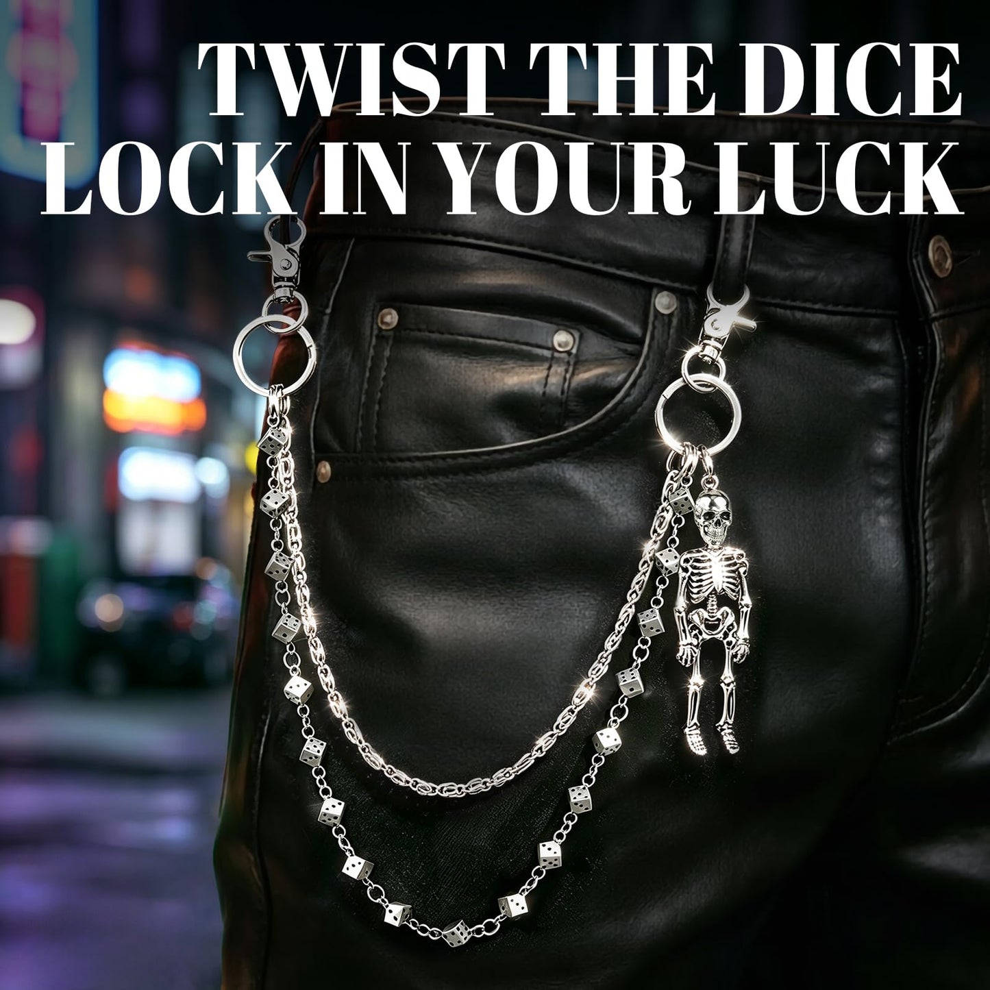 Skull Wallet Chain with 3D Dice Links for Men Women - 2 Layer Punk Pants Chain with Gothic Metal Ornament, Heavy Duty Biker Jean Chain Grunge Belt Loop Accessories for Eboy Egirl Streetwear(Silver)