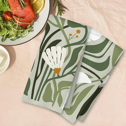 Abstract Boho Sage Green Floral Kitchen Towels Set of 2, 70s Retro Groovy Boho