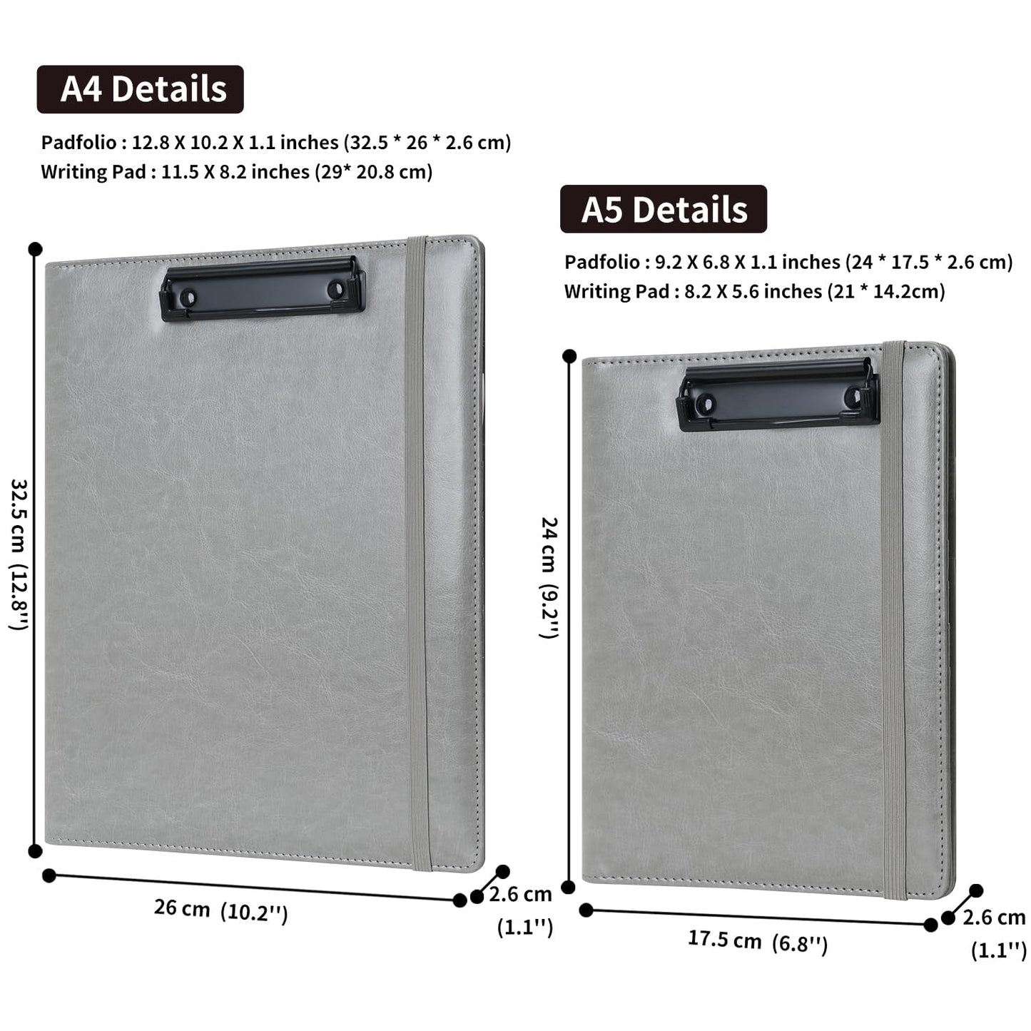 Wonderpool A4 PU Leather Clipboard Partfolio Notepad Forms Holders Document Case - Interview Planner Meeting Writing Padfolio File for Office Travel School Hotel (Grey, A4)