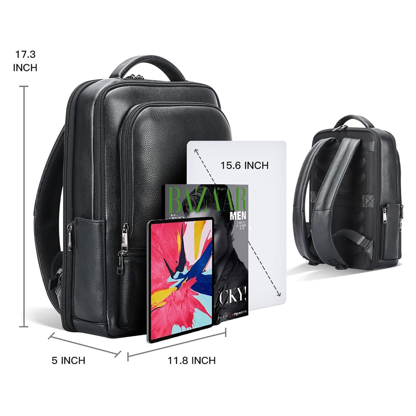 BOPai Genuine Leather Backpack for Men Multi-Function 15.6 inch Laptop Premium Executive Business Travel Friendly Smart Rucksack Anti Theft Large Capacity Office Classic Black
