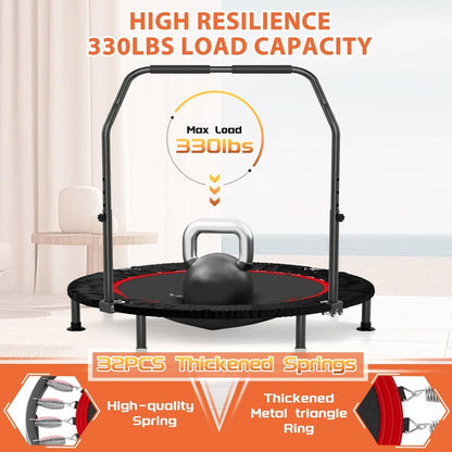K KENSONE 40” Mini Flodable Spring Rebounder Trampoline for Adults with Adjustable Bar, Small Exercise Trampoline for Indoor Workout and Fitness, Purple Resistance Band Included, Max Load 330 LBS
