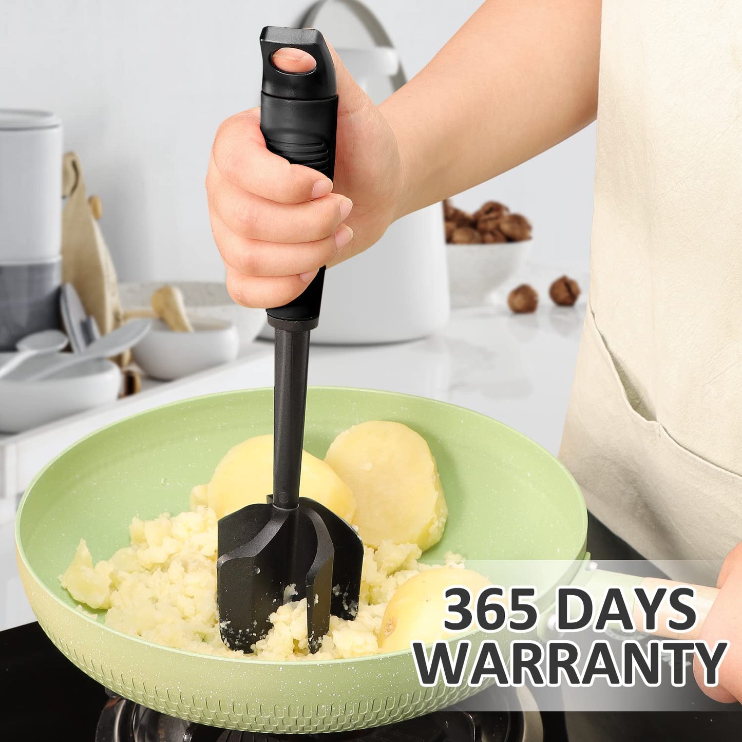 Ourokhome Upgrade Meat Chopper and Potato Masher, Heat Resistant Ground Meat Smasher for Hamburger, 5 Curved Blades Ground Beef Smasher, Nylon Non Stick Mixer, Stirrer and Kitchen Gadgets, Black