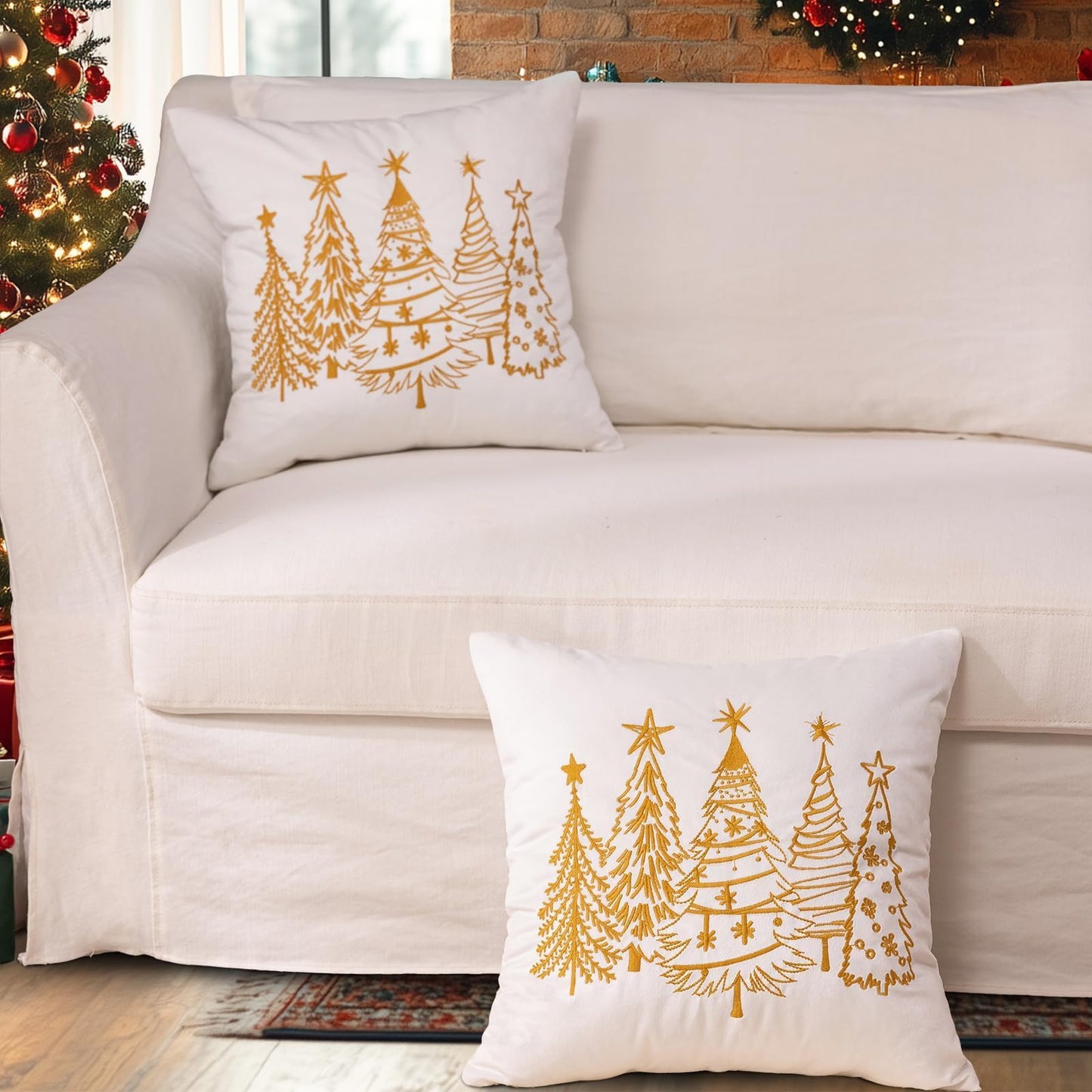 GEEORY Christmas Pillow Covers 18x18 Inch Set of 2, Xmas Decorations Tree Luxurious Velvet Embroidered Throw Pillows Farmhouse Winter Holiday Decor Cushion Case for Sofa & Bed White GX007-18