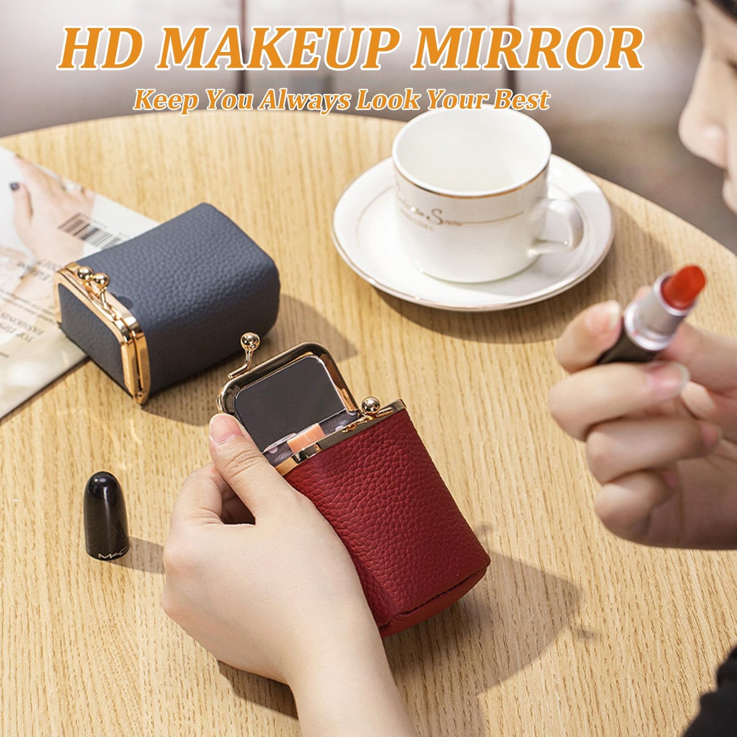 Axcvveiyi Genuine Leather Lipstick Case with Mirror, Travel Mini Durable Soft Cosmetic Bag for Women,Retro Kiss Lock Toiletry Bag Suitable Daily Touch-up (Wine Red)