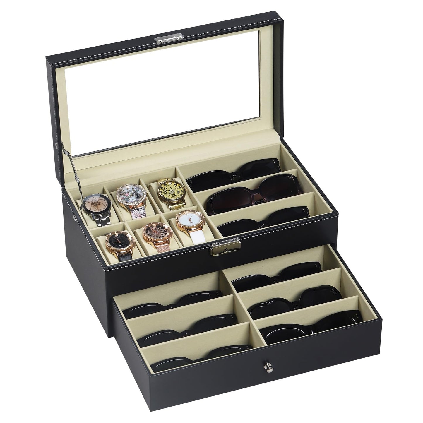 AUTOARK Leather 6 Watch Box Jewelry Case and 9 Piece Eyeglasses Storage and Sunglass Glasses Display Drawer Lockable Case Organizer,Black,AW-048