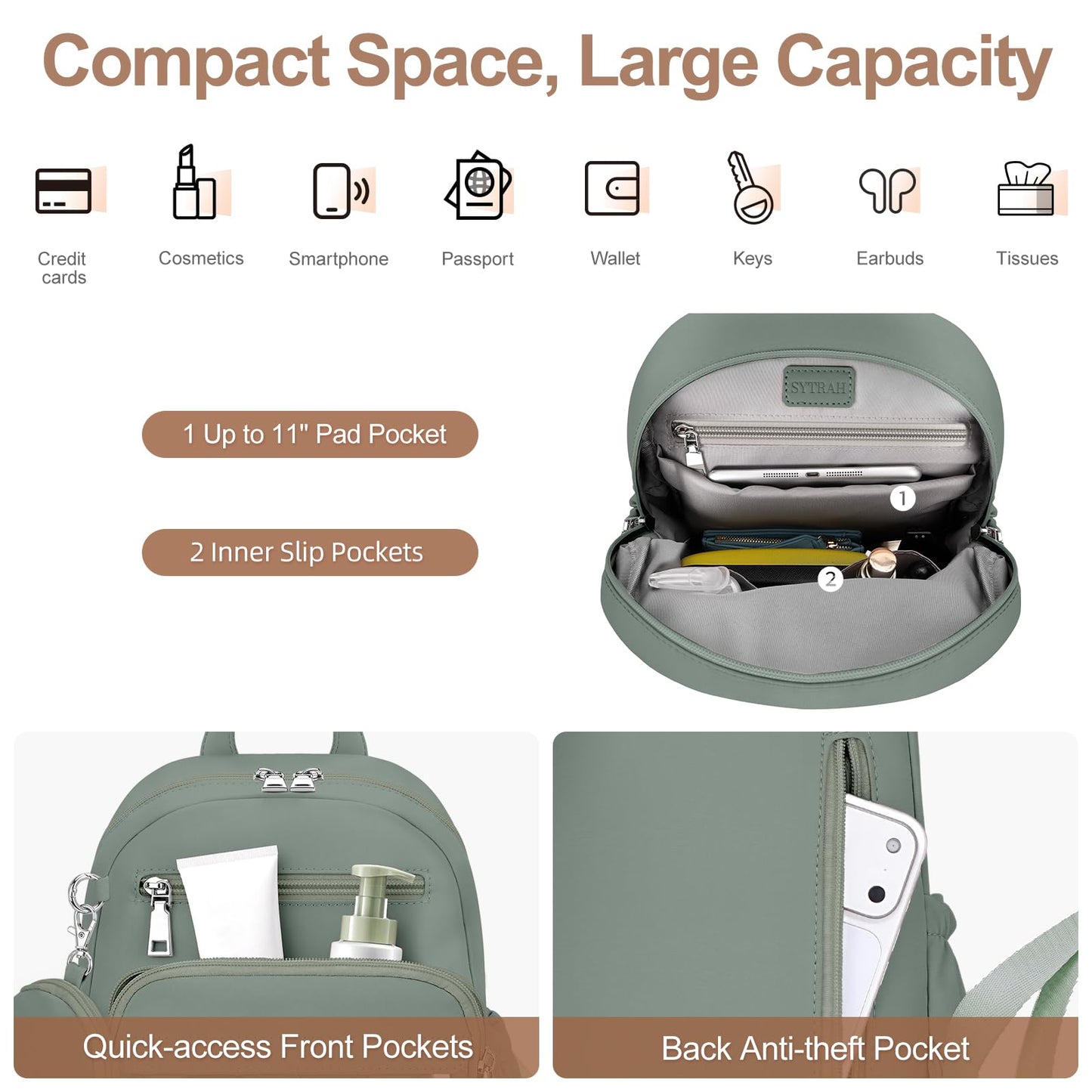 SYTRAH Mini Backpack for Women Small Backpack Purse, Anti Theft Backpack Waterproof Lightweight Puffer Back packs for Travel, Work with Coin Purse Green