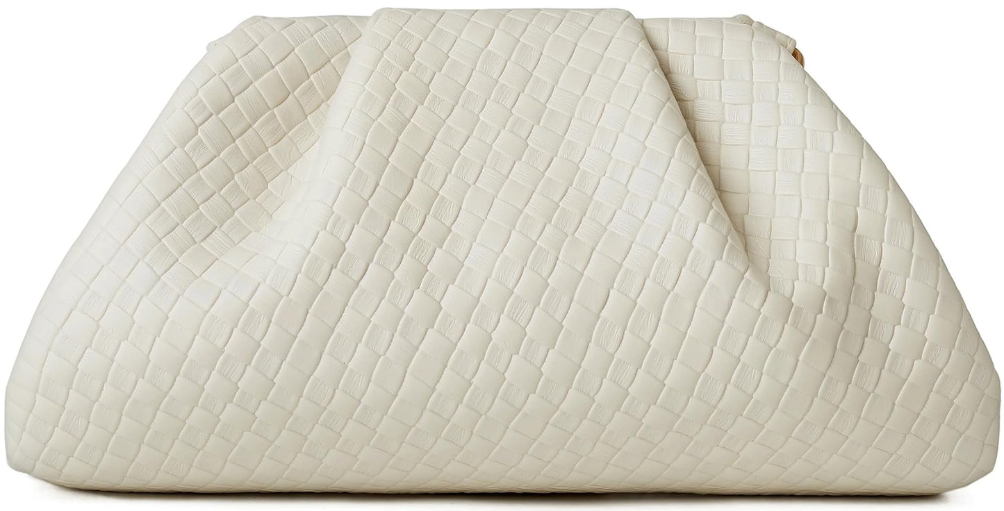 ChrisWish Women's Woven Evening Bag Ruched Dumpling Clutch Purse Detachable Chain Crossbody Bag(Beige White)