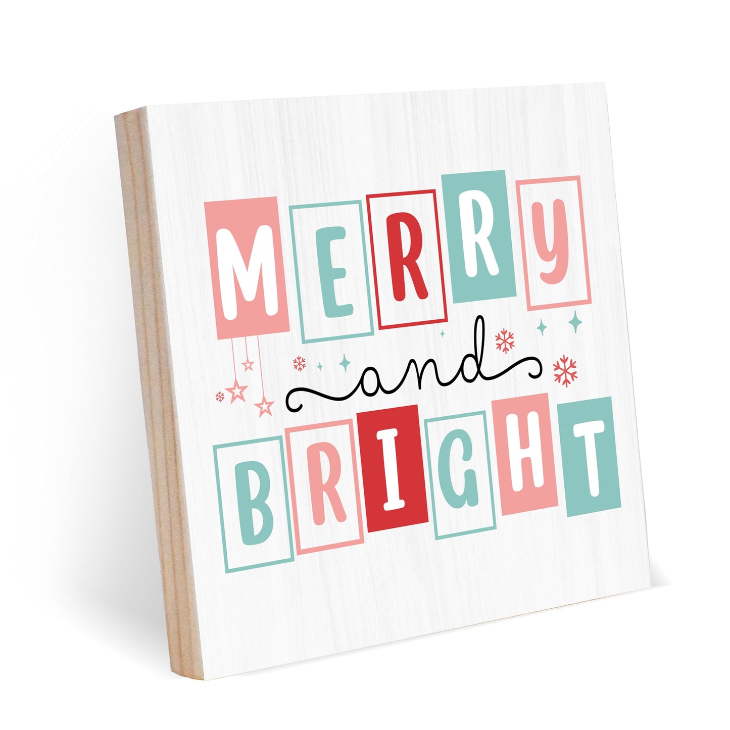 OXRUN Christmas Table Decorations, Merry and Bright Wooden Box Sign Decorative, Xmas Holiday Gifts for Women Men Home Office Shelf Decor 6 x 6 Inches - F09
