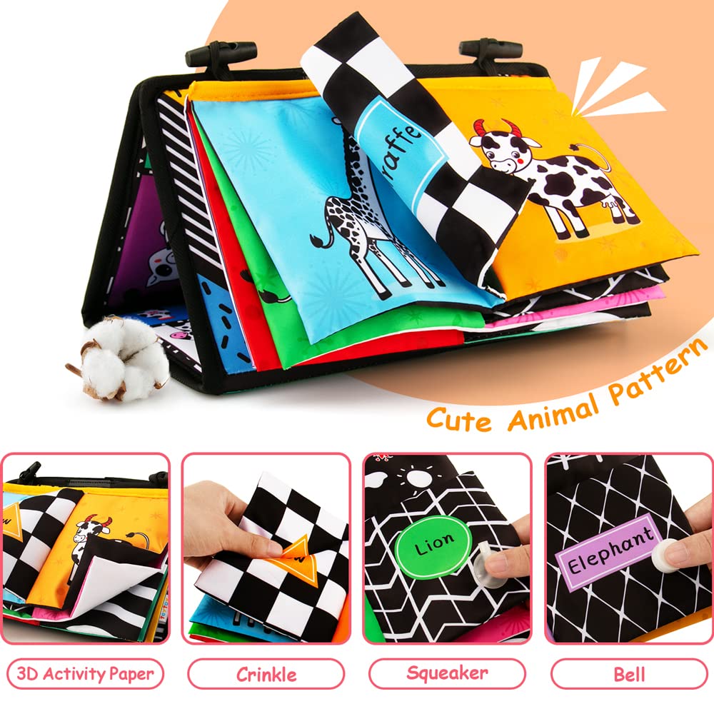 3-in-1 Tummy Time Mirror with Soft Crinkle 3D Activity Book, Teethers, Rattle - High Contrast Black and White Montessori Baby Crawling Toys Developmental Newborn Infant Sensory Toys Gift 0-12 Months