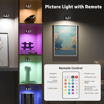 3PCS Picture Lights, Rechargeable Battery Magnetic Poster Lights with 3 Color Temps&12 RGB, Dimmable and Timer Metal Art Light for Display, Wall, Artwork, Gallery (Black)