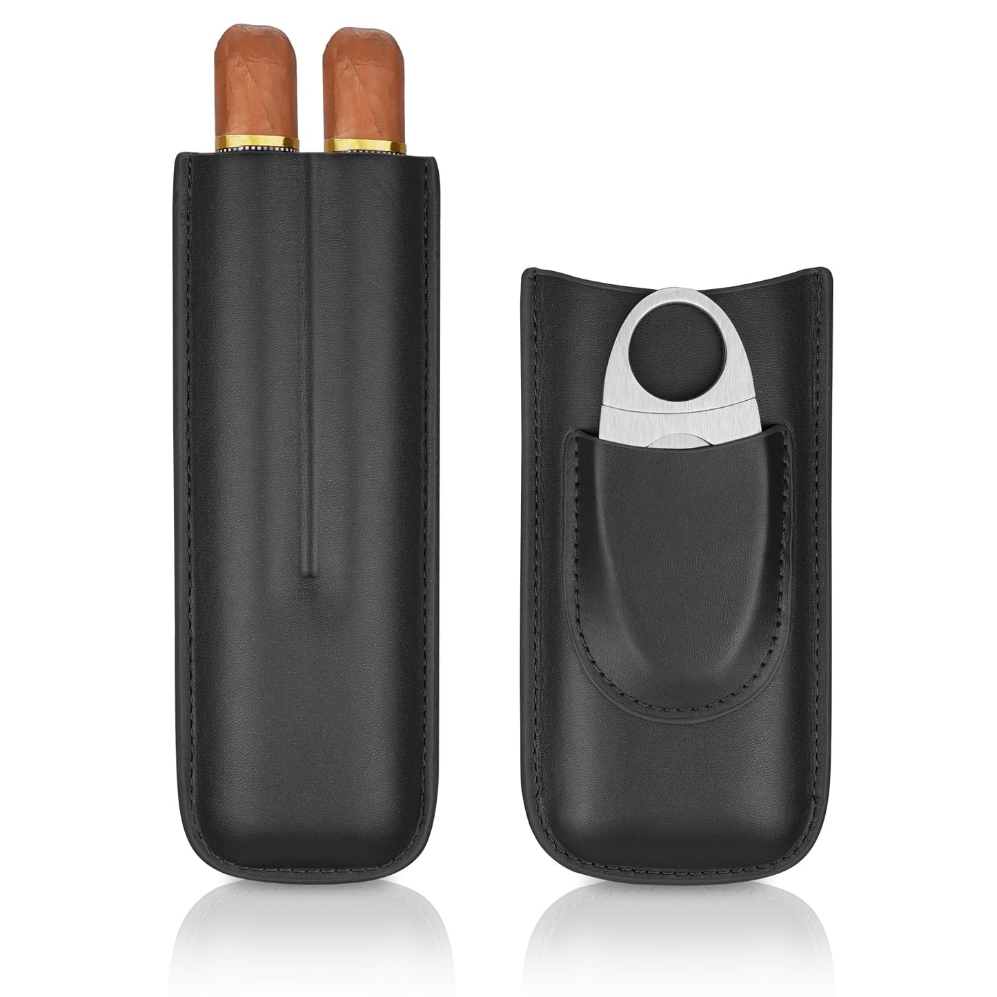 cgaplus 2-Finger Leather Cigar Case with Cutter Cedar Wood Lined Cigar Humidor Portable Travel Cigar Case(Black)