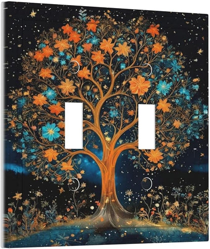 Magical Life Tree in Night Sky Light Switch Covers Double Toggle 2 Gang Wall Plate Dual Decorative Switchplate Electrical Faceplate for Farmhouse Living Room Decor