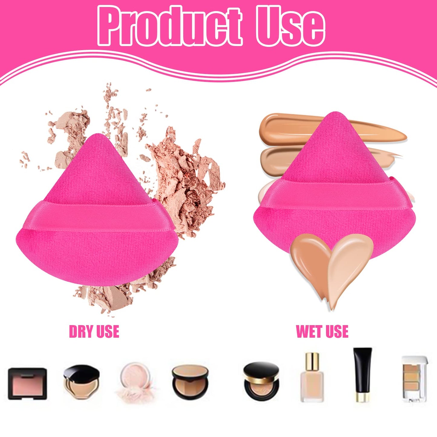 Pimoys 6 Pieces Powder Puff Face Makeup Sponge Soft Velour Triangle Powder Puffs Beauty Sponge Stocking Stuffers for Loose Powder (Black, Pink)