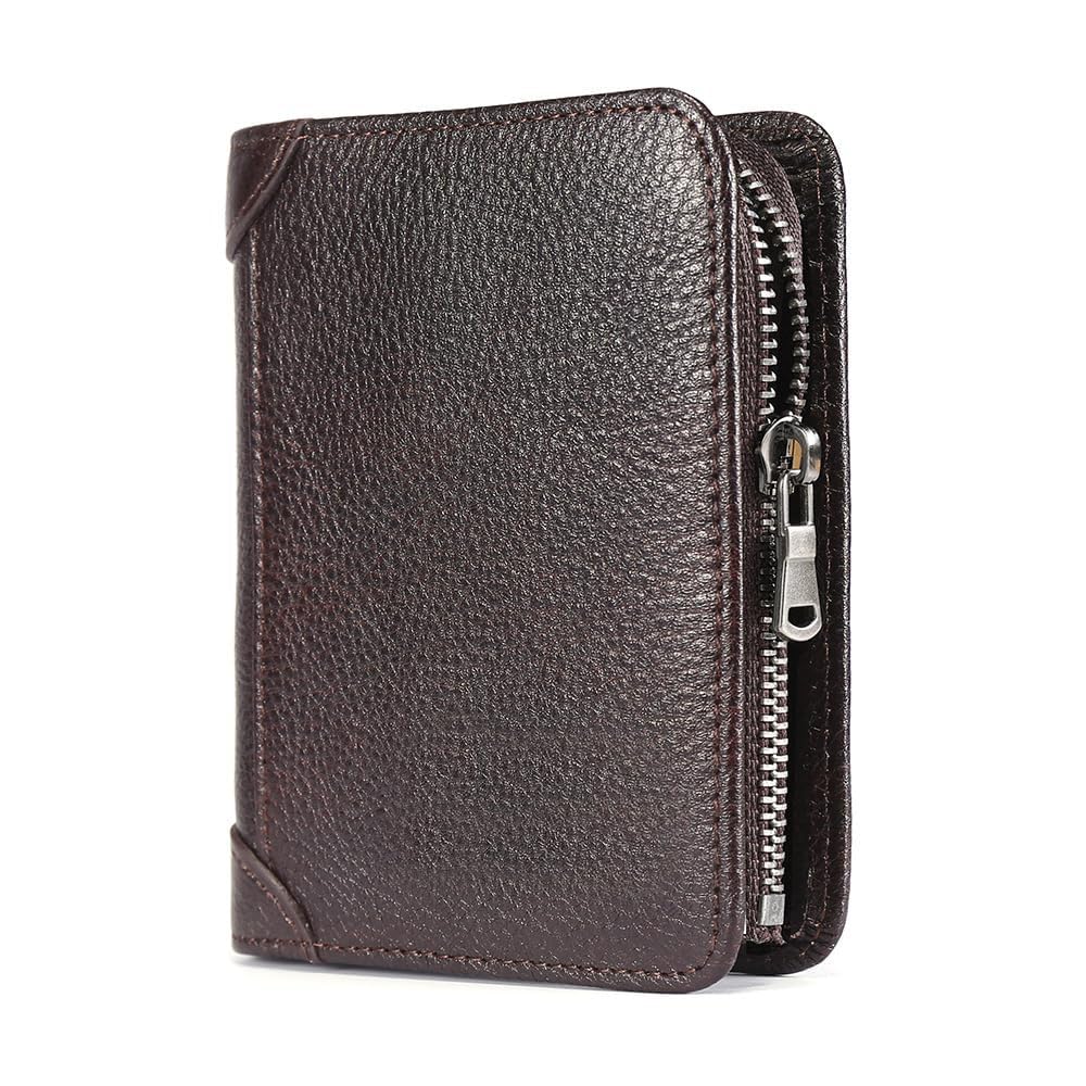 ZYLOXAR Genuine Leather Wallet for Men Zipper RFID Blocking Durable 8 Card Slots 2 ID 2 Cash Compartments High Capacity Organizer (Coffee)