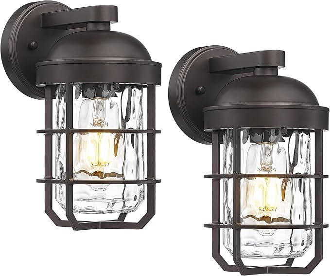 Emliviar Rustic Outdoor Wall Lanterns 2Pcs, Exterior Nautical Wall Sconce, Outside Wall Lamps with Water Ripple Glass in Oil Rubbed Bronze Finish, GE255BL-2PK ORB-WG