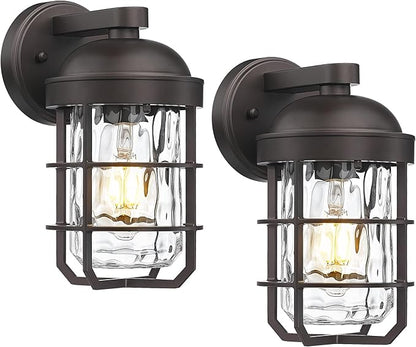 Emliviar Rustic Outdoor Wall Lanterns 2Pcs, Exterior Nautical Wall Sconce, Outside Wall Lamps with Water Ripple Glass in Oil Rubbed Bronze Finish, GE255BL-2PK ORB-WG