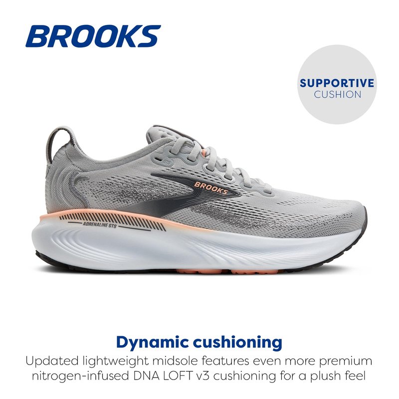 Brooks Women’s Adrenaline GTS 25 Supportive Running & Walking Shoe - Grey/Blackened Pearl/Coral - 5.5 Wide