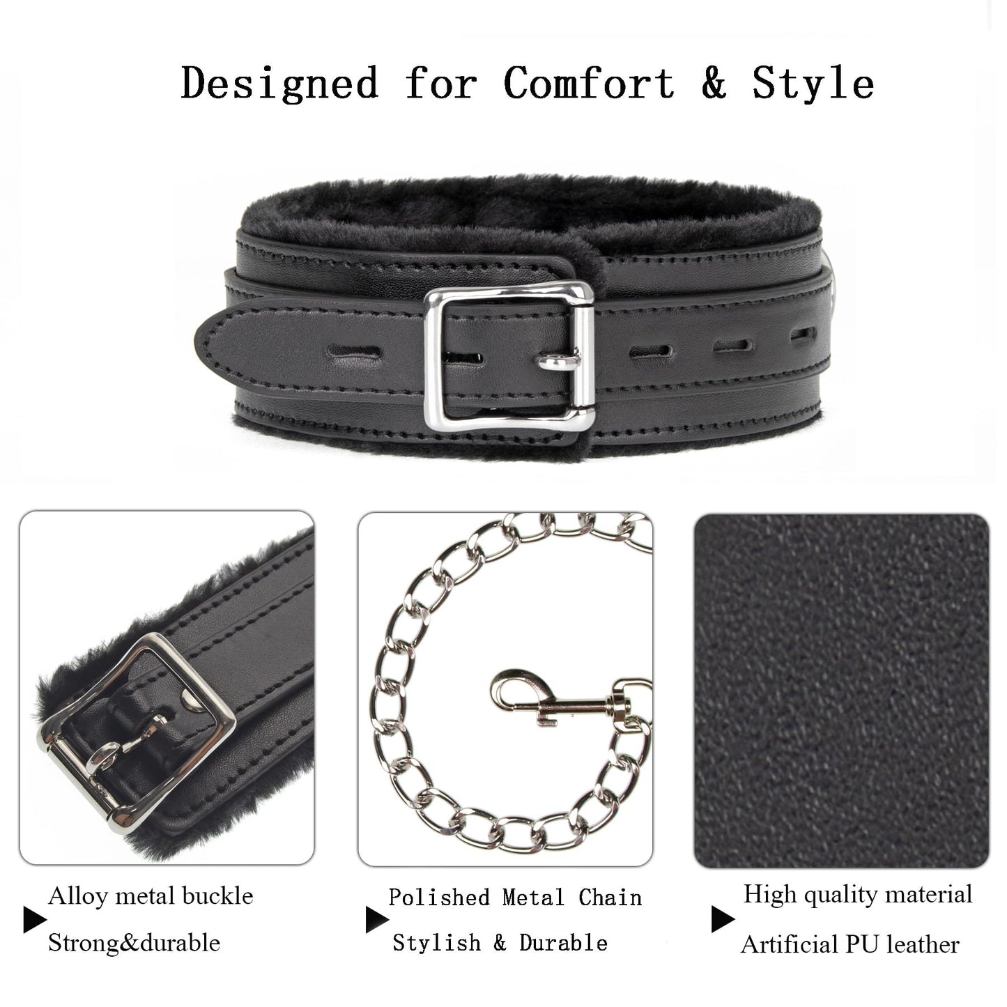AUEDIRSN Leather Choker Necklace for Women, Gothic PU Leather Collar with Soft Faux Fur Lining, Adjustable Fashion Choker with Metal Buckle for Cosplay, Punk Style & Daily Wear (Black)