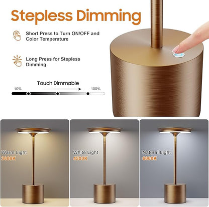 Cordless Table Lamp, Portable Rechargeable 6000mAh Outdoor Table Lamp, 3 Color Stepless Dimming Battery Powered Lamp, LED Table Light for Dinner/Restaurant/Outdoor (Brown)