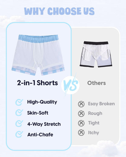 maamgic Boys Swim Trunks with Compression Liner Recycled Swim Shorts Anti-Chafe Boys Bathing Suit Stretch Toddler Beach Shorts Blue Plaid 5/6
