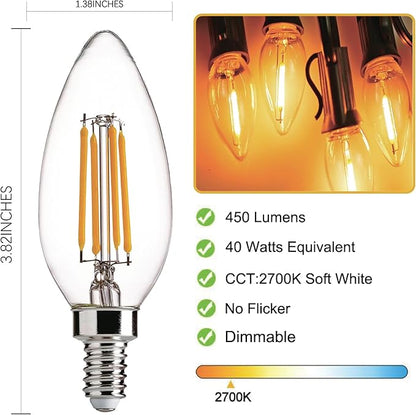 E12 LED Light Bulbs Dimmable 2700K Warm White 4 watt 40W Equivalent Chandelier Light Bulb Filament LED Candle Bulbs,for Ceiling Fan Home,Candle Lamp,Bedroom Decor. (2700k Warm White, 12-Pack)