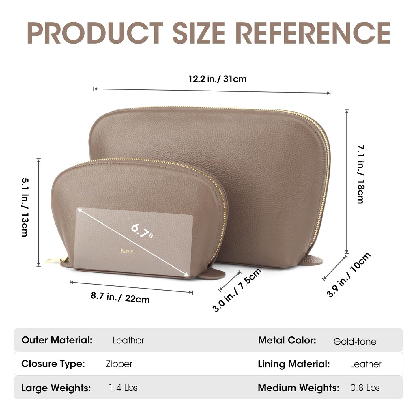 Kattee Leather Makeup Bag, Travel Cosmetic Bag Set, Toiletry Bag Organizer for Women, 2-PACK, Khaki