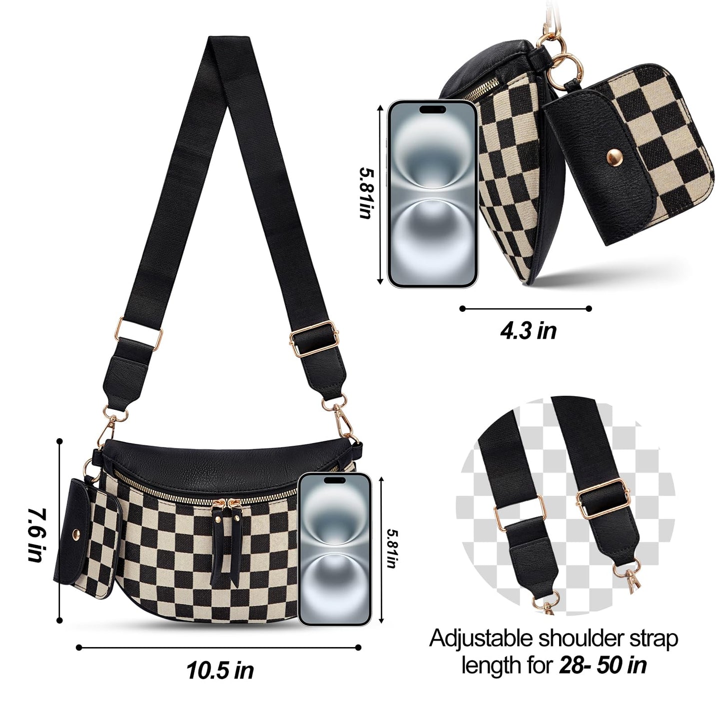 Checkered Crossbody Bag,Nylon Bum Bags for Women Crossbody,Spacious Sling Bag Purse Fanny Packs with Shoulder Strap