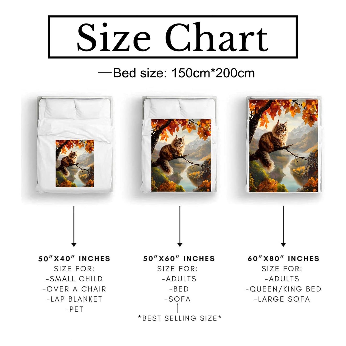 Bidesk Adorable Cat Blanket Soft Flannel Kitten Throw Blanket with Maple Leaves, Cozy & Warm Yet Lightweight Blankets for Travel, Couch, Bed, for Men Women Adults, Fuzzy Outdoor Comfort Wrap 60"×50"