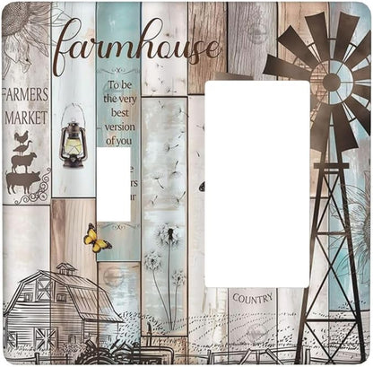 Rustic Western Farmhouse Windmill 2 Gang Light Switch Covers Vintage Barn Wooden Plank Inspirational Quote Single Toggle Rocker Combo Wall Plate Electrical Faceplate Decorative Switchplate