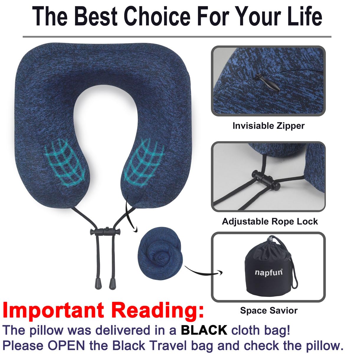 napfun Neck Pillow for Traveling, Upgraded Travel Neck Pillow for Airplane 100% Pure Memory Foam Travel Pillow for Flight Headrest Sleep, Portable Plane Accessories, Light Grey