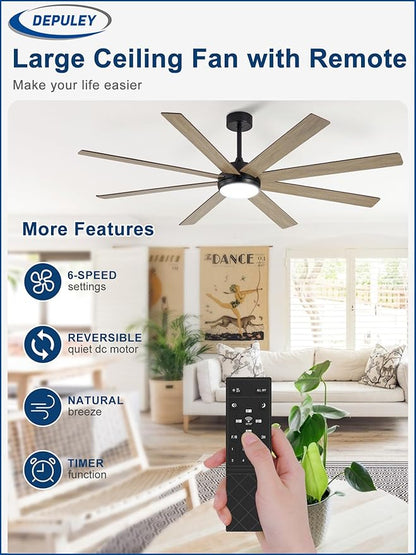 Depuley 66" Ceiling Fans with Lights: Large Indoor/Outdoor Ceiling Fan for Patios Living Room - 8 Blades Wooden Dimmable Ceiling Fans with Remote APP Control Timer Reversible Quiet DC Motor 6 Speeds