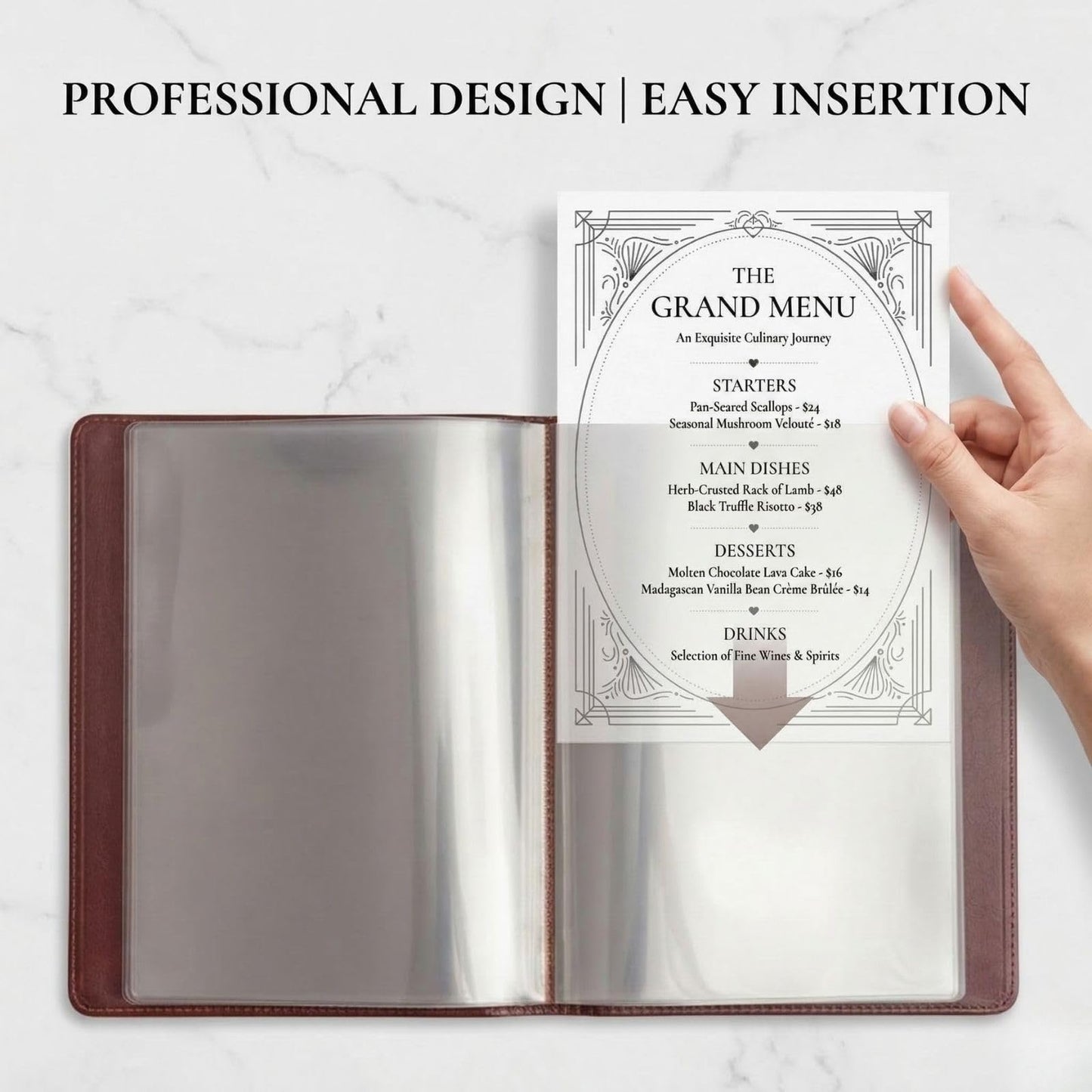 2-Pack Mahogany Red Vegan Leather Menu Cover with Embossed MENU Design 8.5x11 4 Page 8 View Clear Sleeves Restaurant Menu Holder Presentation Folder Portfolio Binder Sheet Music Professional