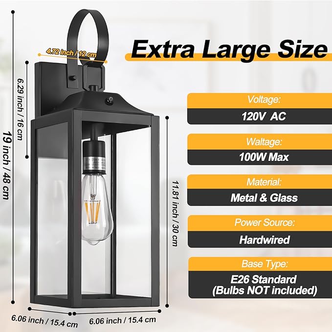 19" Large Dusk to Dawn Outdoor Lighting 2 Pack, Black Sensor Porch Lights Exterior Lighting Fixtures, Modern Wall Lantern Outdoor Wall Lights Waterproof Wall Sconce Lamp for House, Doorway, Garage