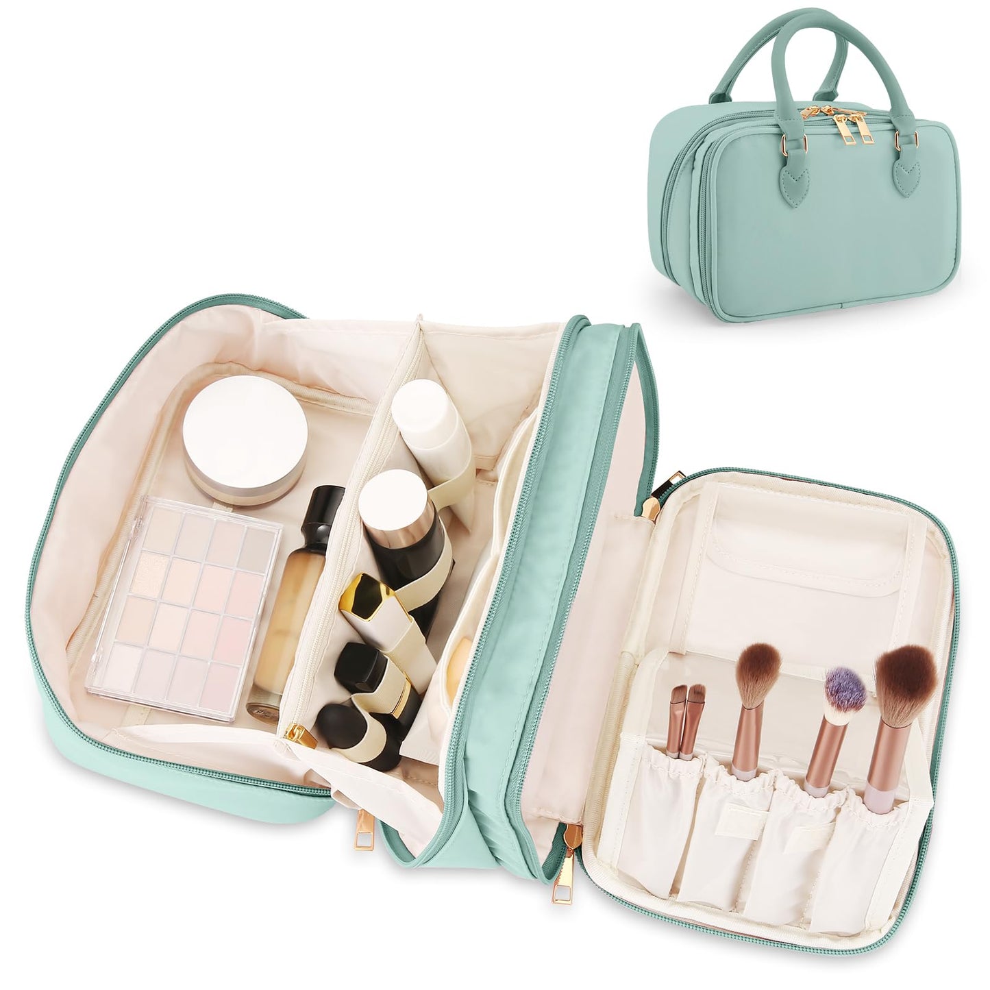 Travel Makeup Bag for Women Fashion Large Capacity Pouch Open Flat Cosmetic Portable Organizer Waterproof Large Opening Storage Toiletry Bags Vertical Free-Standing Brush Holder for Easy Access Blue