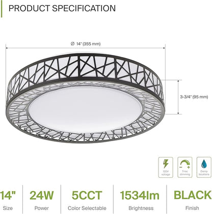 ASD 14 Inch LED Flush Mount Ceiling Light Fixture for Bedroom, 24W 1534LM 5CCT 2700K-5000K, Triac Dimmable Lights, Dining, Living Room, Kitchen Lamps, Modern Home Lighting Fixtures, Black, ETL