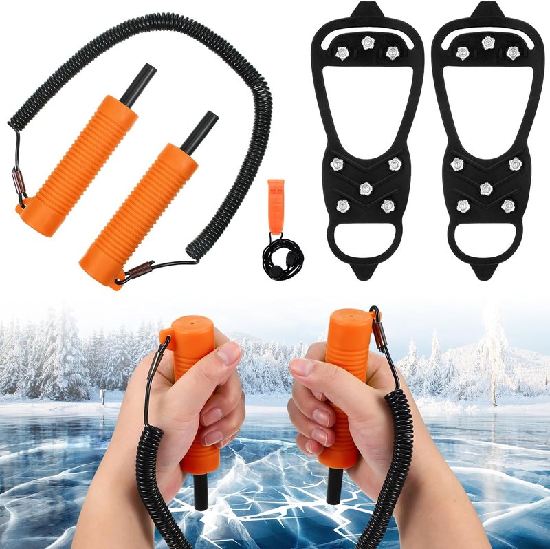 Retractable Ice Awls with Cleats & Whistle - 4 Pcs Winter Fishing Safety Picks | Non-Slip Gripper Spikes