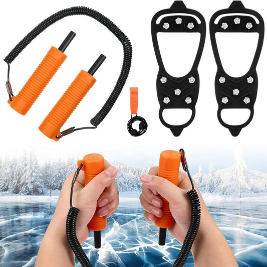 Retractable Ice Awls with Cleats & Whistle - 4 Pcs Winter Fishing Safety Picks | Non-Slip Gripper Spikes
