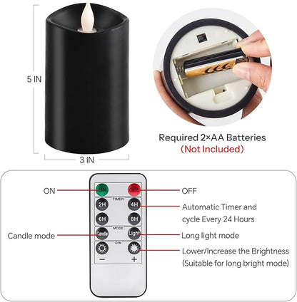 1PCS, 3 x 5 inches Flameless Candle with Remote Control, 3D Flickering Wick, Real Wax Pillar LED Candles, Battery Candles,with Timer,for Holiday Home Decor, Black