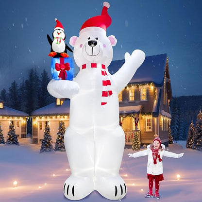 12.2FT Giant Christmas Inflatable Polar Bear & Penguin with Xmas Gift Box Decoration, Christmas Blow Up Penguin and Bear Inflatable Built-in 6 LED for Christmas Inflatables Outdoor Decoration