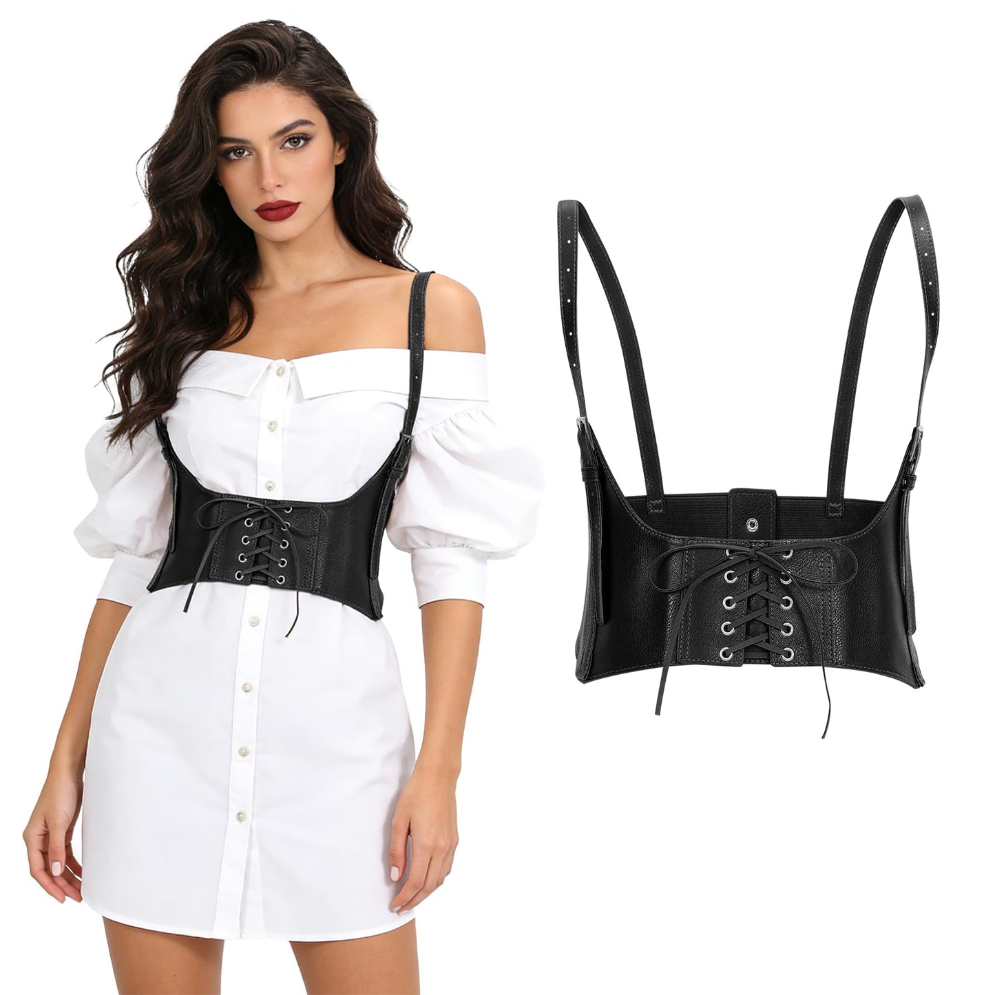 JASGOOD Women Faux Leather Corset Waist Belt Elastic Wide Underbust Corset Lace-up Steampunk Waspie Belt For Halloween