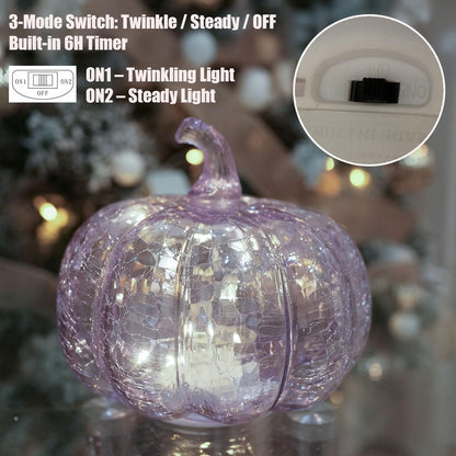 hvfun Handcrafted Lavender Crackle Glass Pumpkin Light, LED Battery Operated Table Décor with 6H Timer, Twinkle & Steady Modes, Elegant Fall & Holiday Decoration