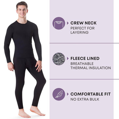 Rocky Thermal Underwear Men Long Johns Men Thermal Underwear Thermals Mens Base Layer Mens Thermals Top and Bottom Set (Black, Large, Standard Weight - 185 GSM, One Pack)