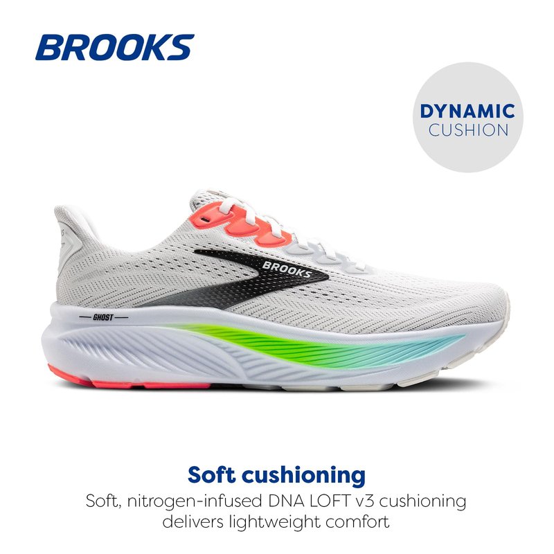 Brooks Men’s Ghost 17 Neutral Running Shoe - White/Pink Clay/Gecko - 12.5 Wide